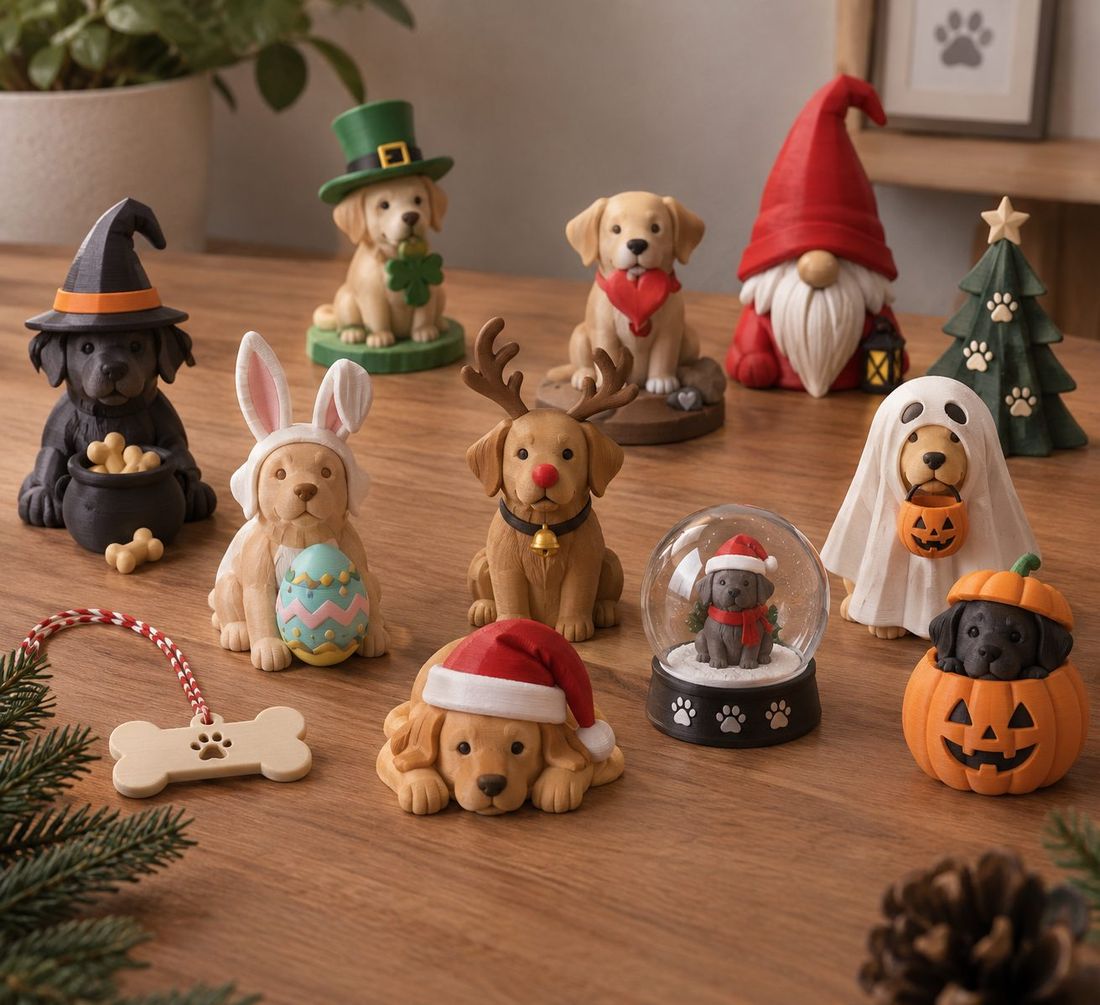 Hundefiguren als Saison-Deko: mit Hexenhut, Hasenohren, Rentiergeweih, Weihnachtsmütze, als Gespenst und im Kürbis, dazu eine Schneekugel und ein Knochen-Anhänger