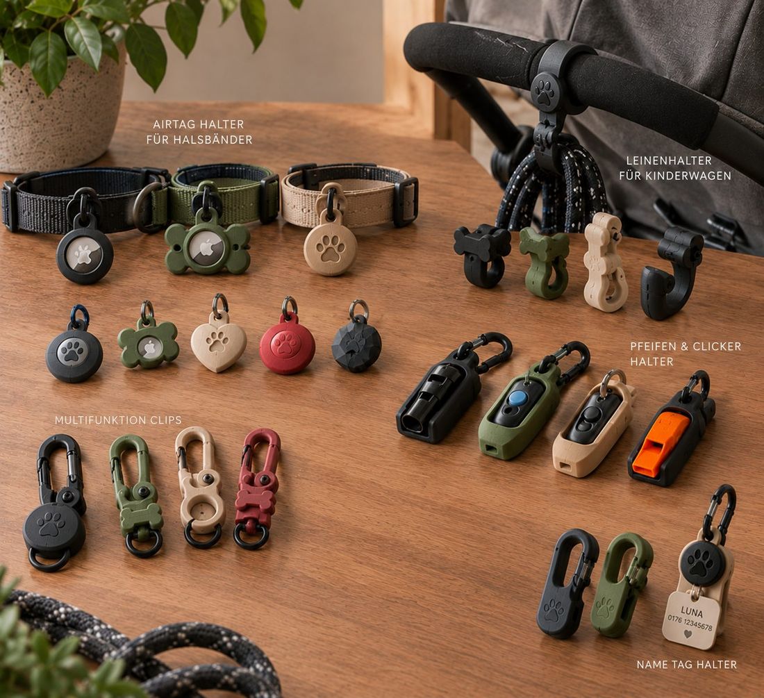 Alltags-Helfer: AirTag-Halter für Halsbänder, Leinenhalter am Kinderwagen, Pfeifen- und Clicker-Halter, Multifunktions-Clips und Namensschild-Halter