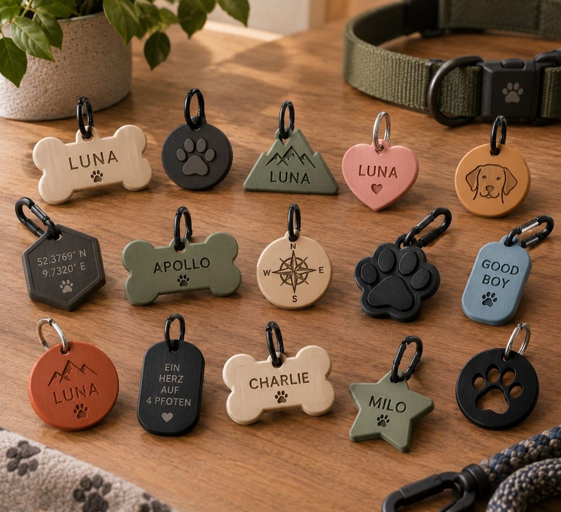 Fünfzehn Hundemarken in verschiedenen Formen und Farben, unter anderem Knochen, Herz, Pfote, Berg und Stern mit Namen wie Luna, Apollo und Milo