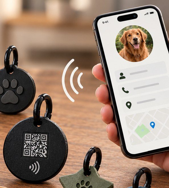 Schwarze Hundemarke mit QR-Code und NFC-Zeichen, daneben ein Handy, das das Profil eines Hundes zeigt